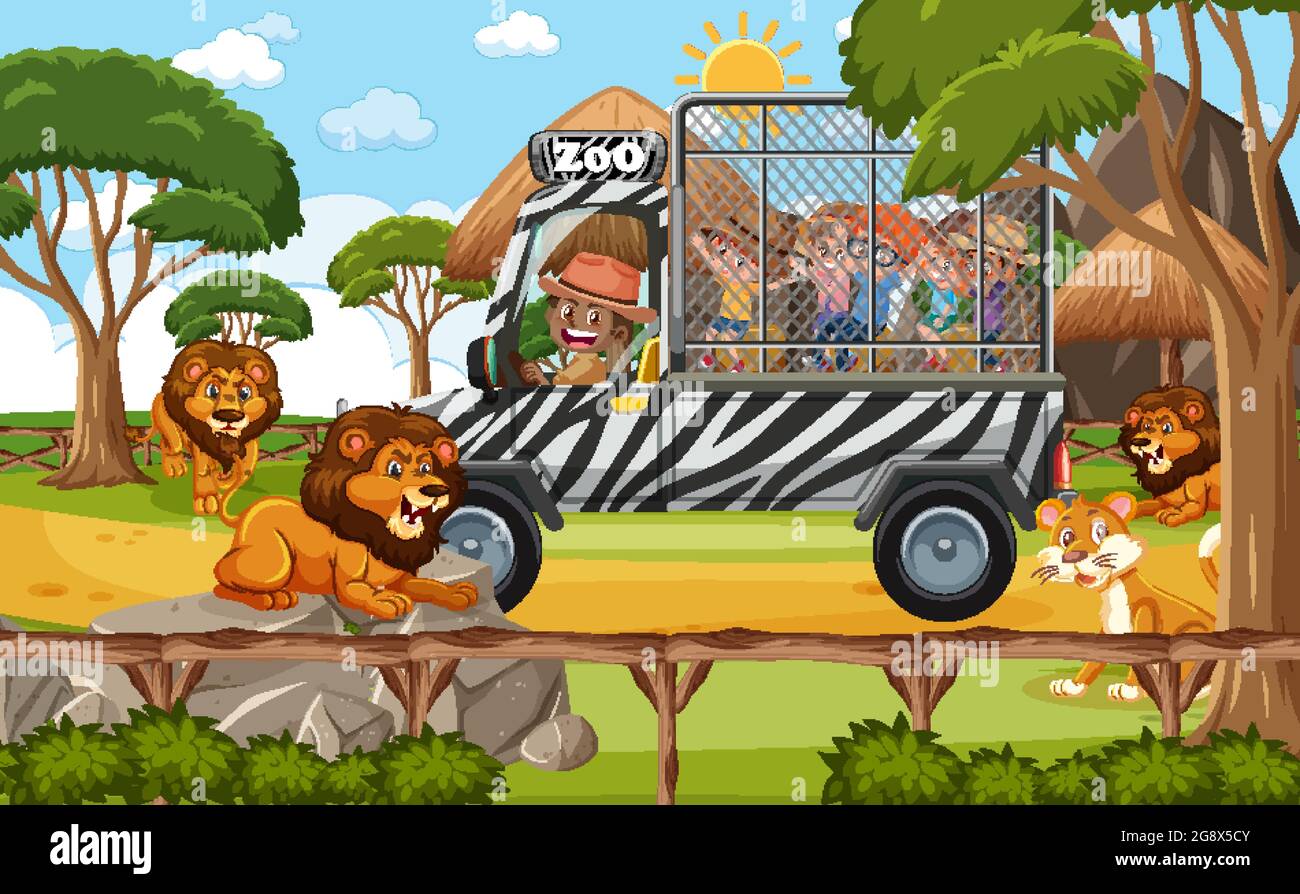 Scène Safari avec les enfants en voiture de tourisme regardant l'illustration de groupe de lions Illustration de Vecteur
