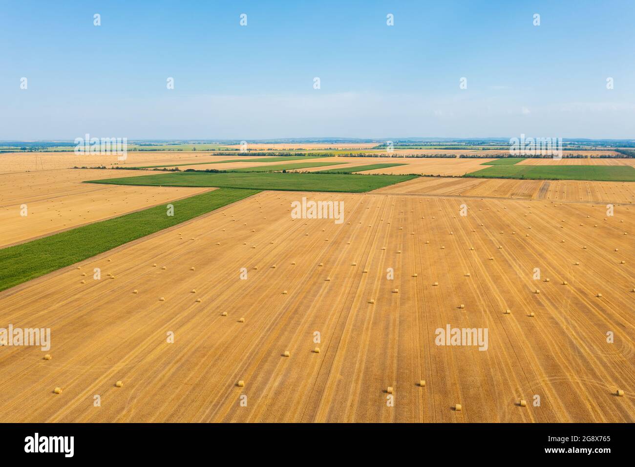 Vue aérienne des balles de foin sur le champ agricole après la récolte. Paysage agricole. Banque D'Images