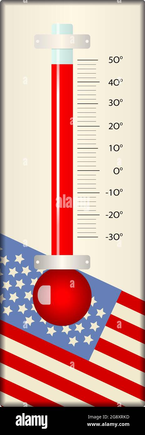 Thermomètre affichant une température élevée, onde de chaleur due au changement climatique aux États-Unis, illustration vectorielle Illustration de Vecteur