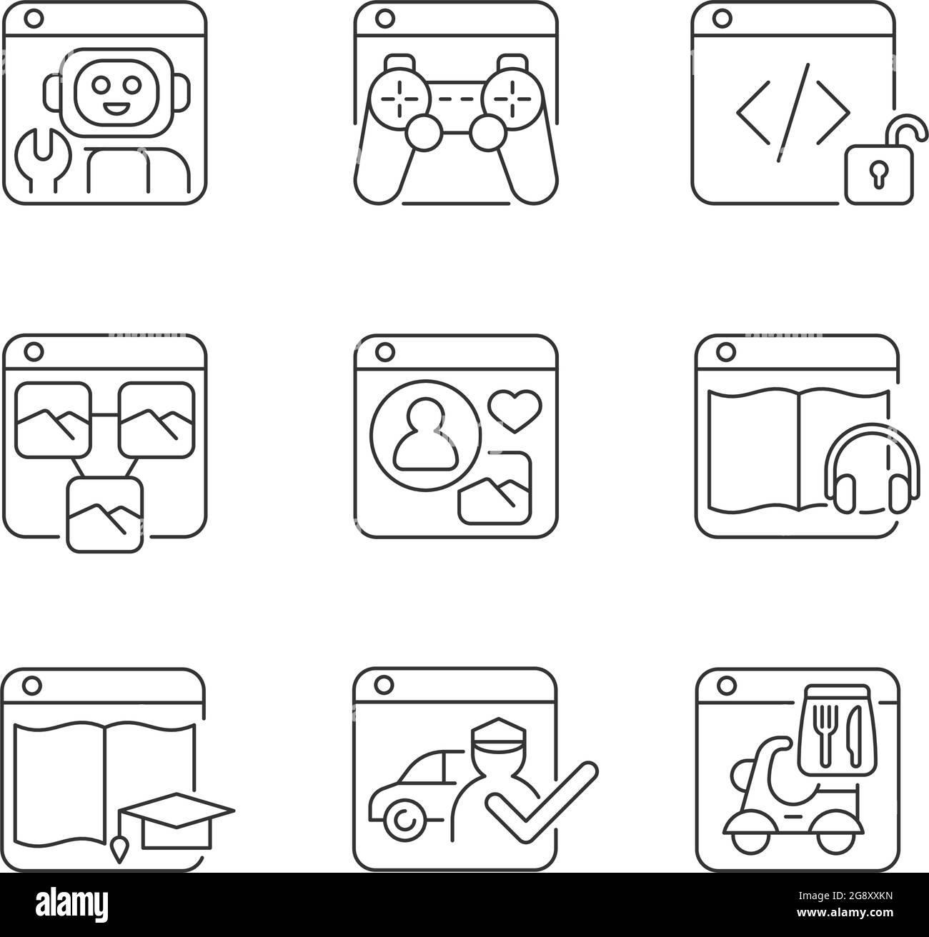 Jeux d'icônes linéaires d'applications Internet accessibles au public Illustration de Vecteur