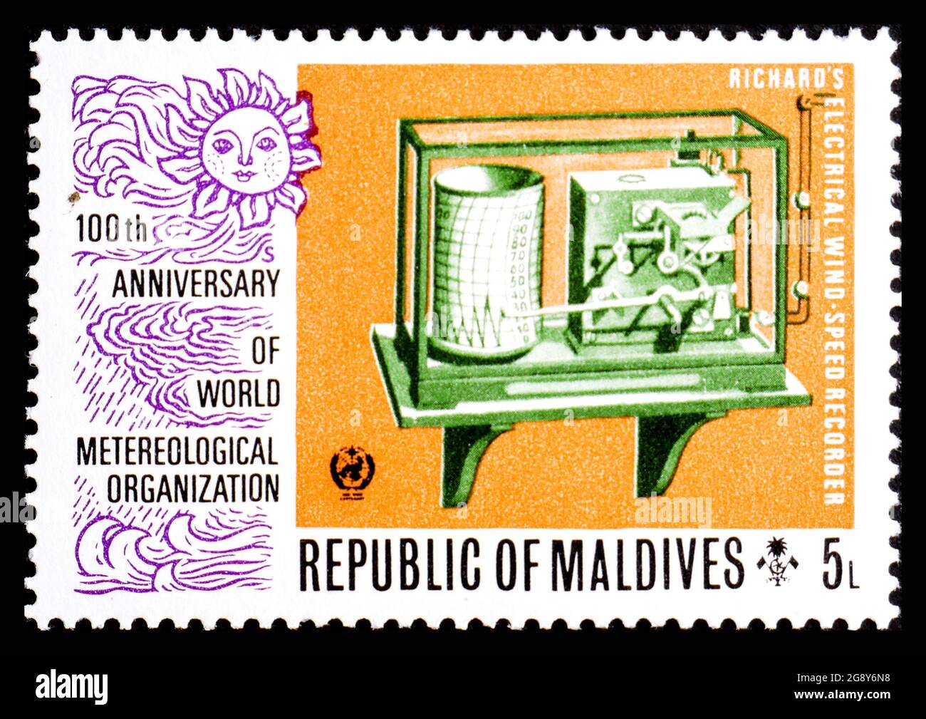 RÉPUBLIQUE DES MALDIVES - VERS 1973: Timbre-poste des Maldives montrant l'enregistreur électrique de vitesse du vent de Richard Banque D'Images