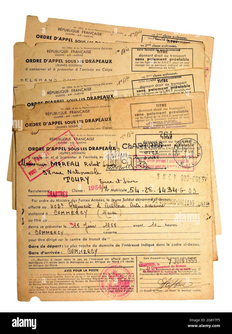 Document d'appel français pour la conscription du service national militaire (1954) Banque D'Images