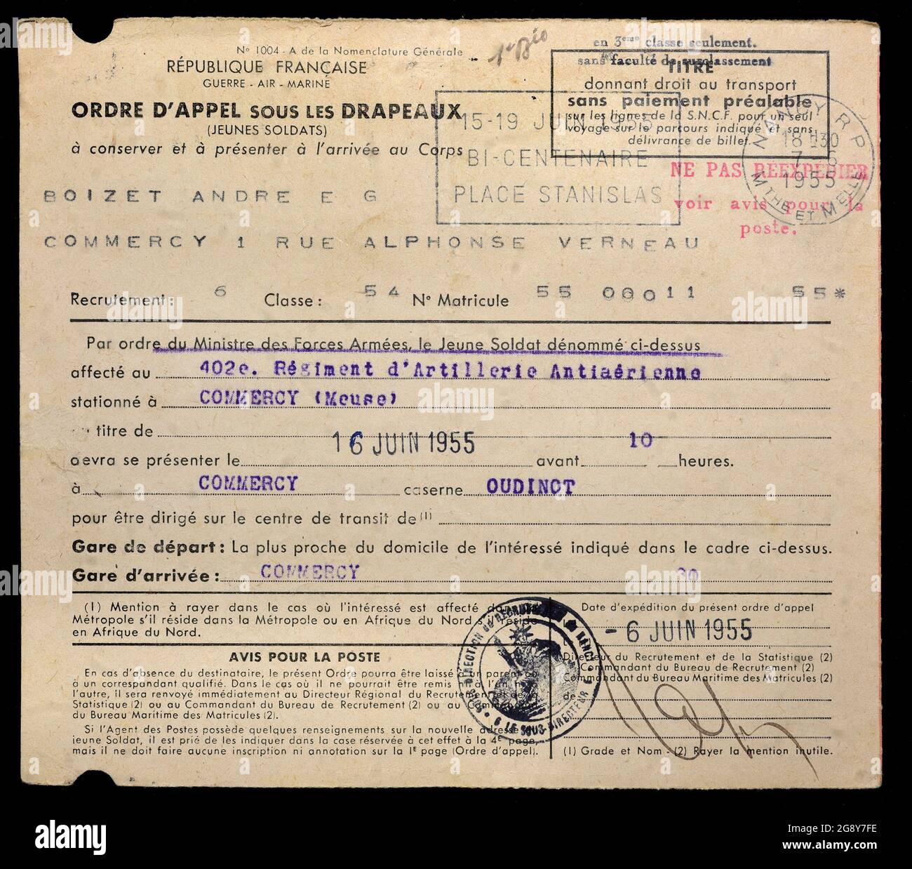 Document d'appel en français pour la conscription du service national militaire (années 1950) Banque D'Images