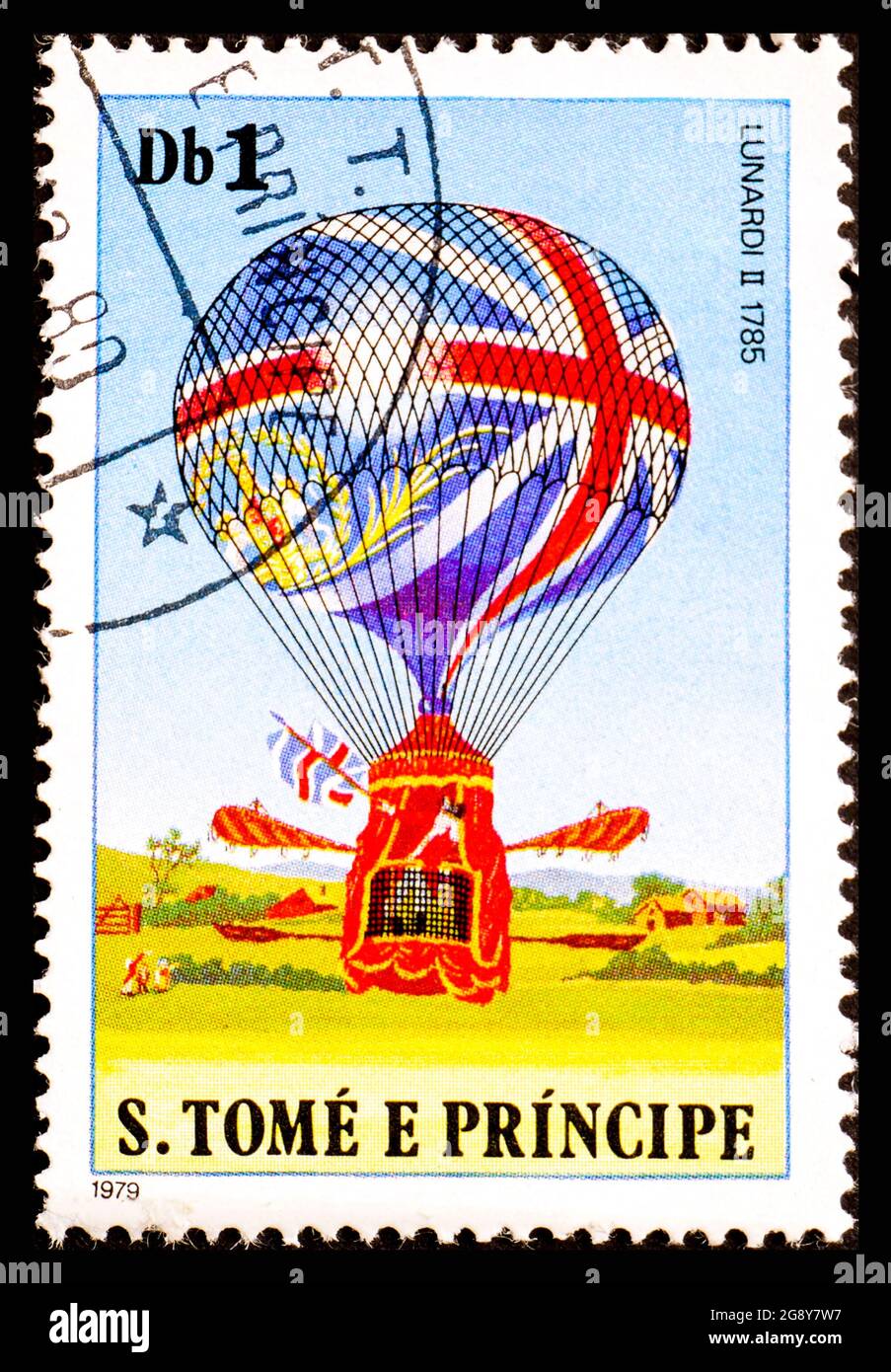 SAO TOMÉ-ET-PRINCIPE, AFRIQUE - VERS 1980: Timbre-poste de Sao Tomé-et-principe montrant Aerostat Lunardi II 1785 Banque D'Images