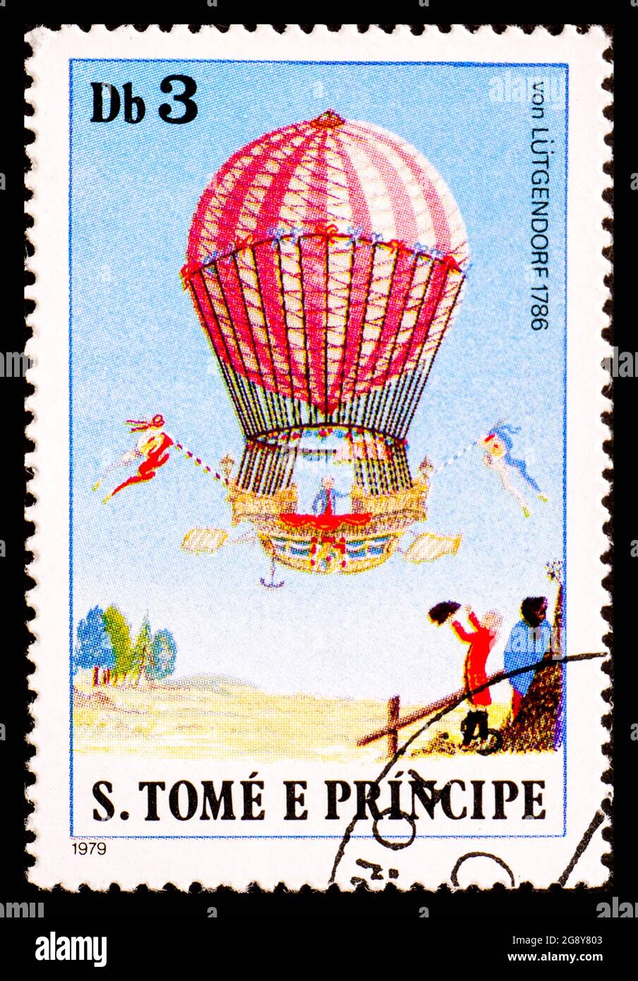 SAO TOMÉ-ET-PRINCIPE, AFRIQUE - VERS 1980: Timbre-poste de Sao Tomé-et-principe montrant Aerostat Von Lutgendorf 1786 Banque D'Images