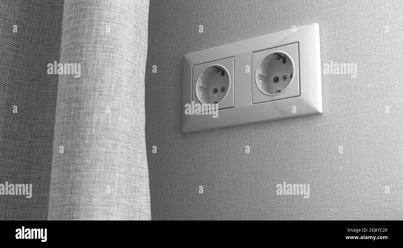 Prise électrique dans le design moderne de la pièce, maison intérieur  bannière arrière-plan, eu type F standard photo Photo Stock - Alamy
