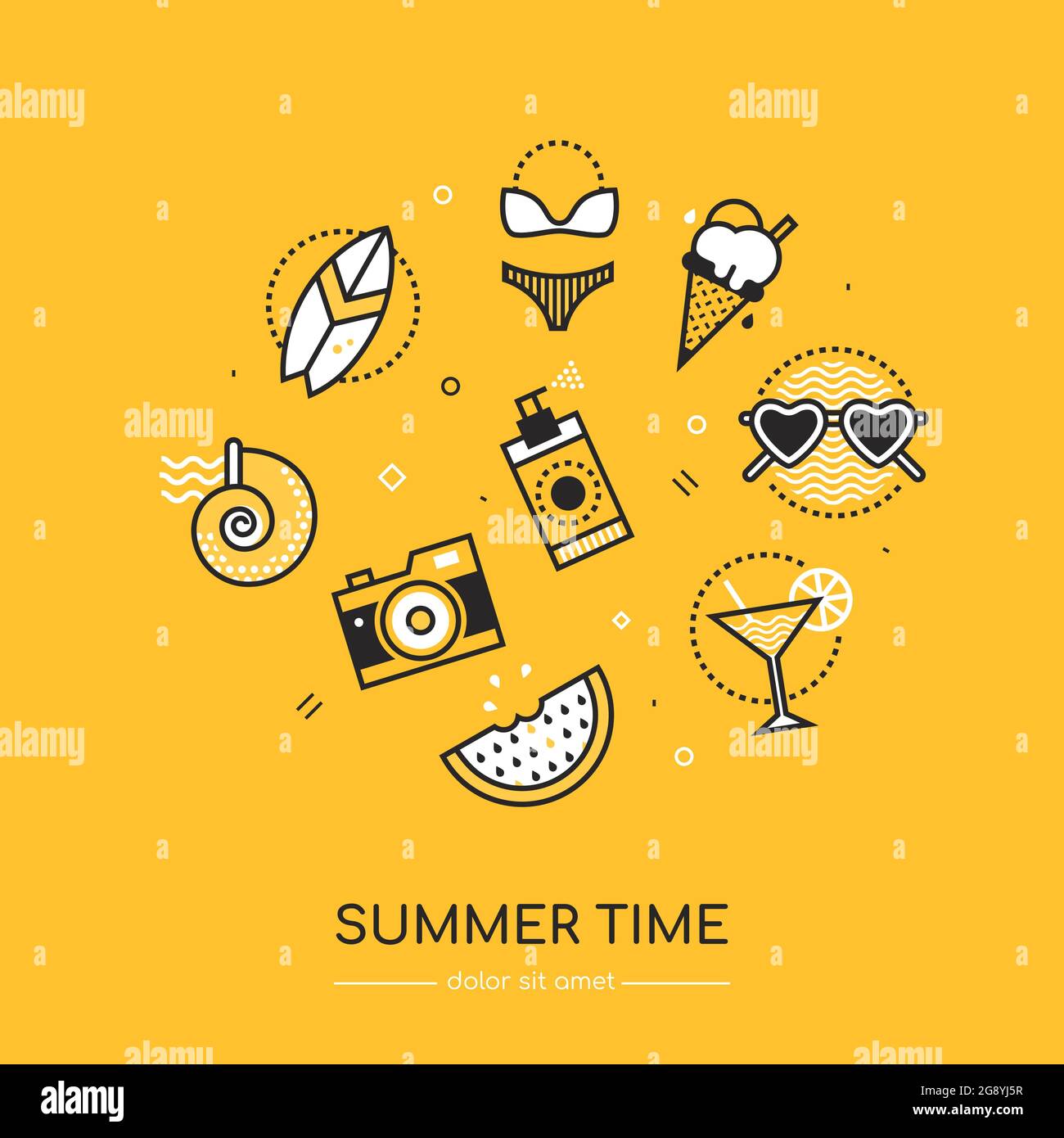 Heure d'été - affiche de style de conception de ligne vectorielle. Arrière-plan jaune et espace de copie pour le texte. L'été. Cocktail, crème glacée, spray, pastèque, maillot de bain Illustration de Vecteur