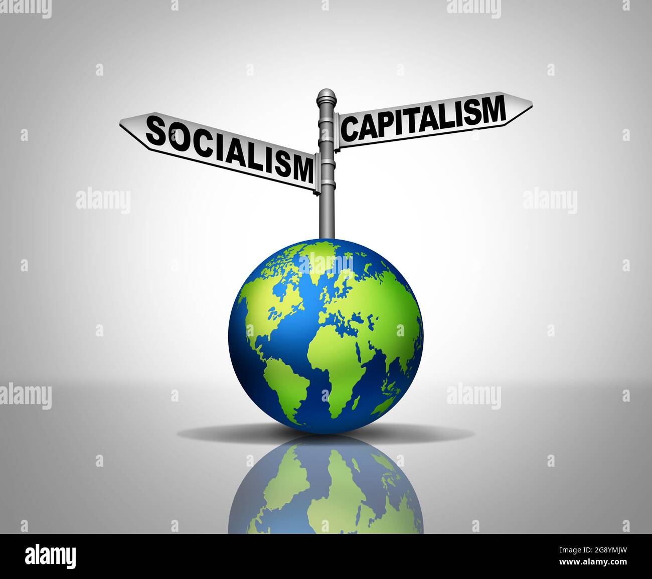 Le socialisme et le capitalisme symbolisant deux systèmes économiques et politiques différents comme choix pour la société et la voie de l'idéologie sociale mondiale. Banque D'Images