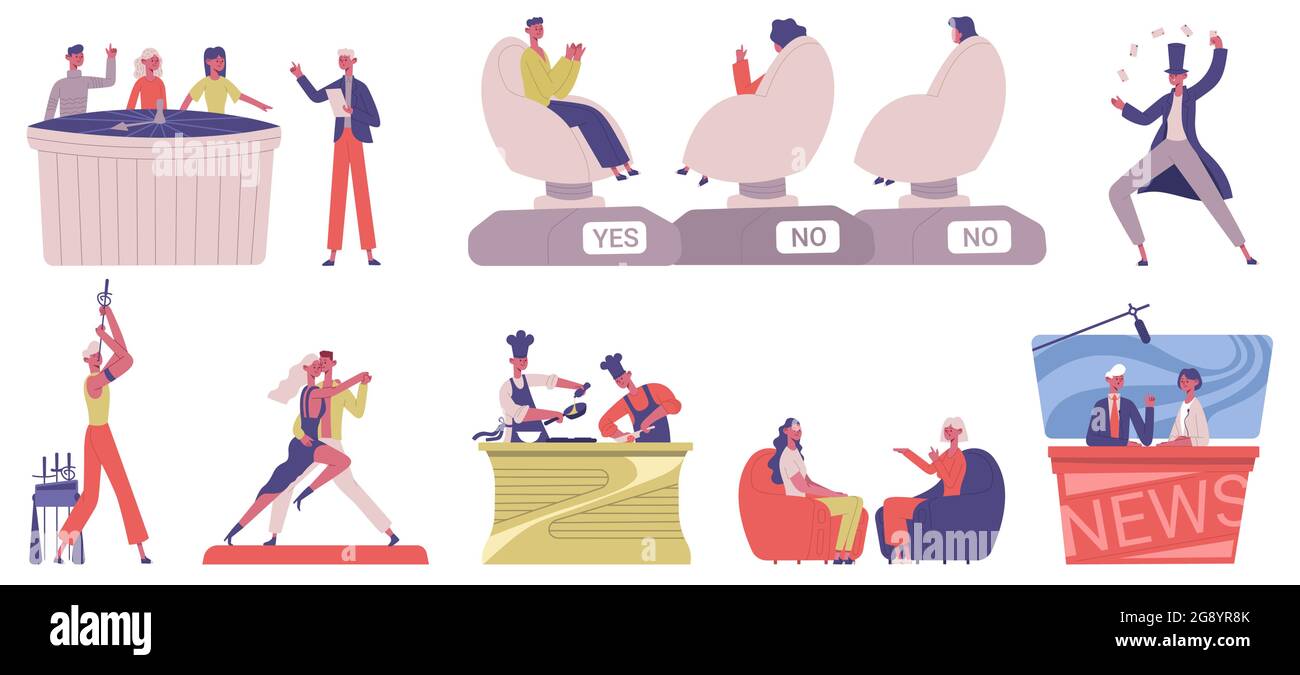 Émission de télévision. Spectacle télé de divertissement, cuisine, musique et jeu de quiz, les personnes prenant part à la série d'illustrations vectorielles de séries TV. Médias de télévision Illustration de Vecteur