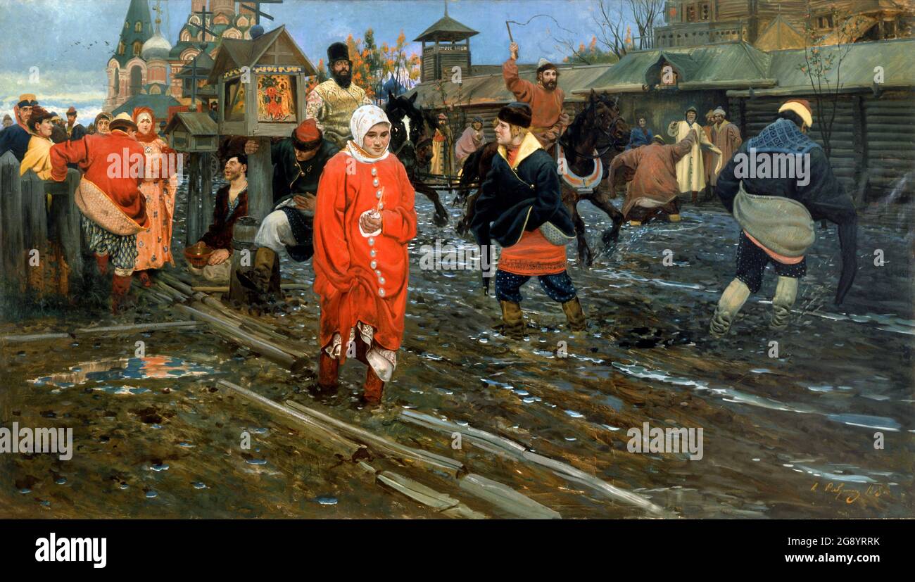 Andrei Ryabushkin. Peinture intitulée "la rue de Moscou du dix-septième siècle en vacances publiques" par l'artiste russe Andrei Petrovich Ryabushkin (1861-1904), huile sur toile, 1912 Banque D'Images
