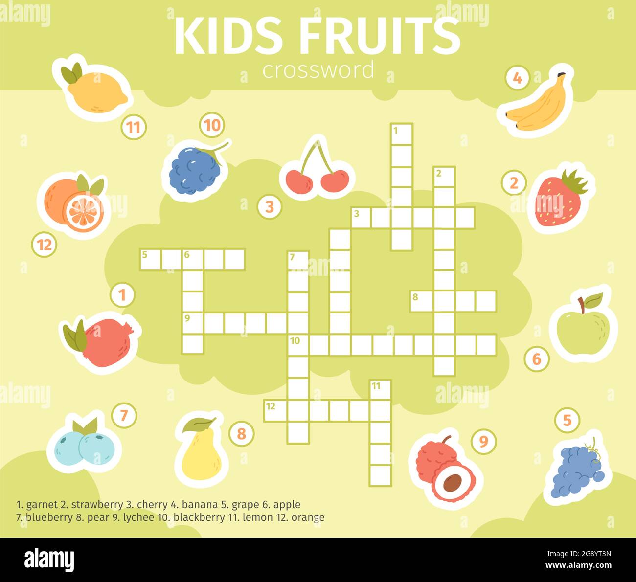 Mot clé fruits d'été. Jeu éducatif de mots croisés pour enfants avec illustration vectorielle de citron, pomme, raisin et fruits orange. Casse-têtes fruits pour Illustration de Vecteur