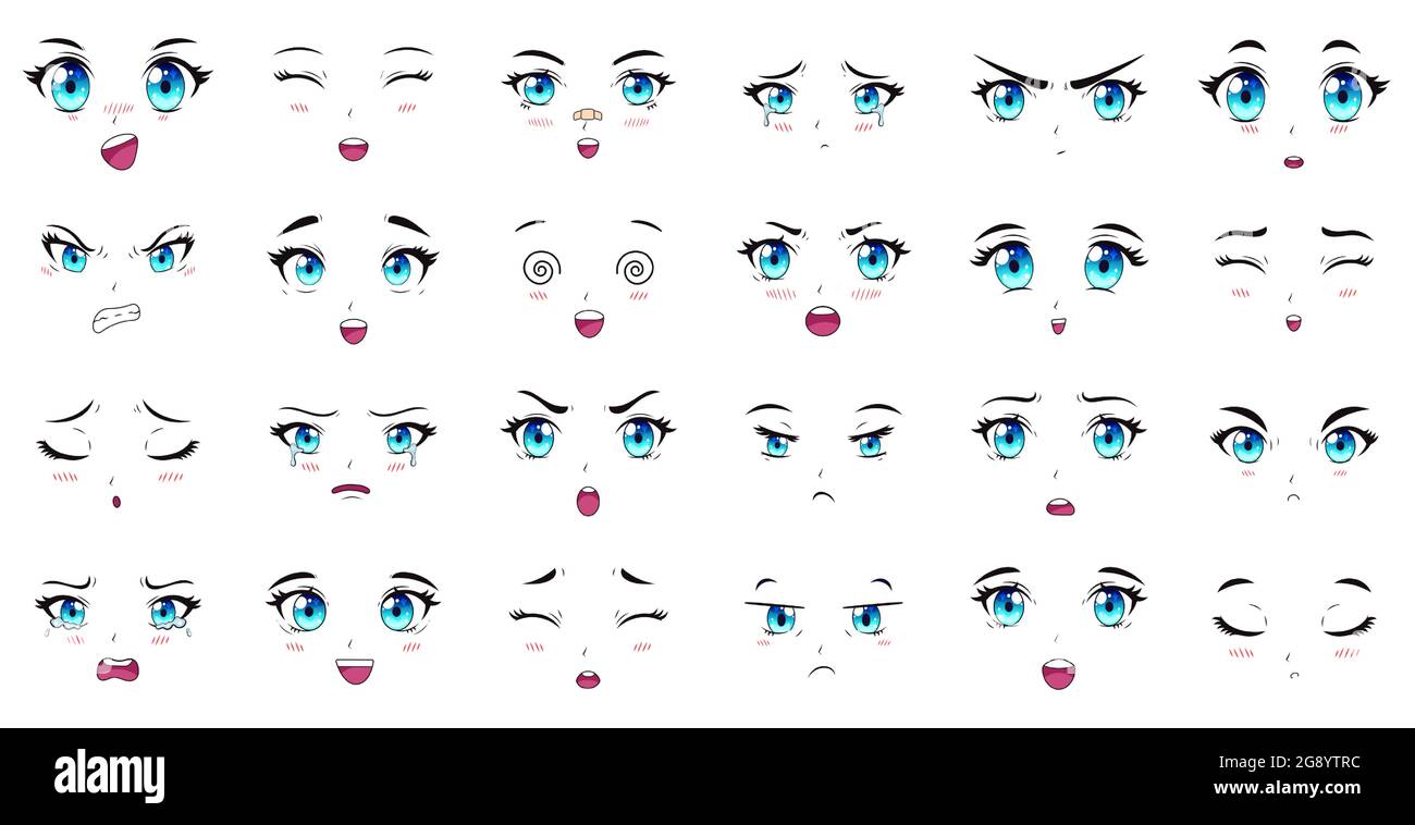 Personnages animés yeux, sourcils et expressions de la bouche. Les caractères femelles Manga font face à l'ensemble d'illustrations vectorielles. Expressions filles de manga d'Anime Illustration de Vecteur