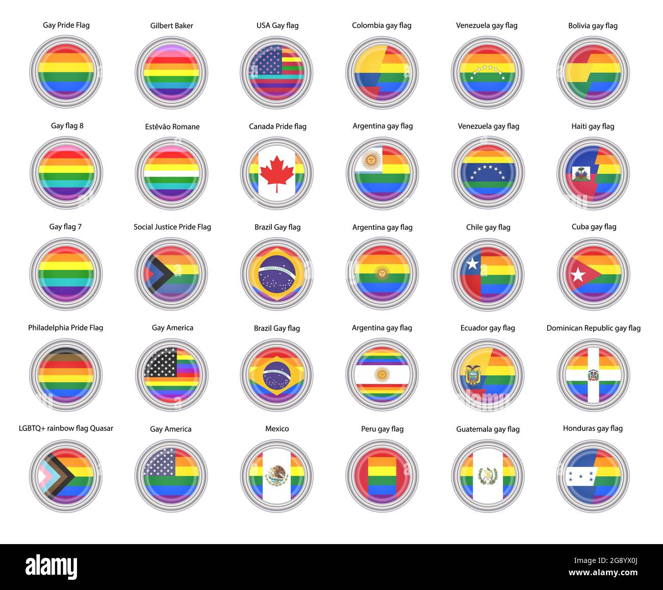 Ensemble d'icônes vectorielles. Drapeaux arc-en-ciel (LGBTQ) et drapeaux gays des pays des Amériques. Banque D'Images