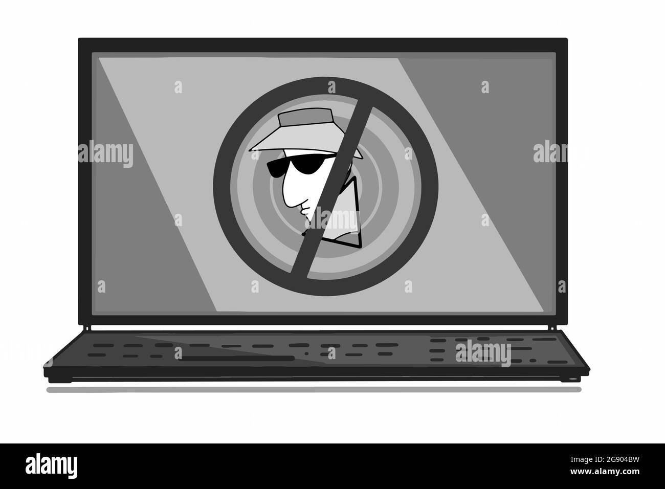 Pas d'icône de voleur de pirate espion sur l'écran de l'ordinateur portable dessin animé, couleurs grises Banque D'Images