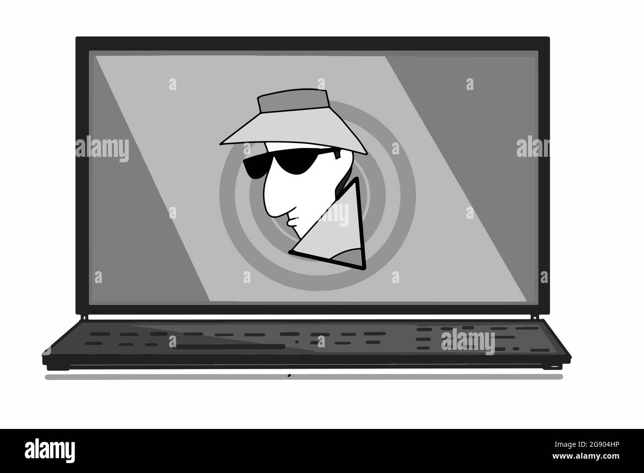 Pas d'icône de voleur de pirate espion sur l'écran de l'ordinateur portable dessin animé, couleurs grises. Banque D'Images