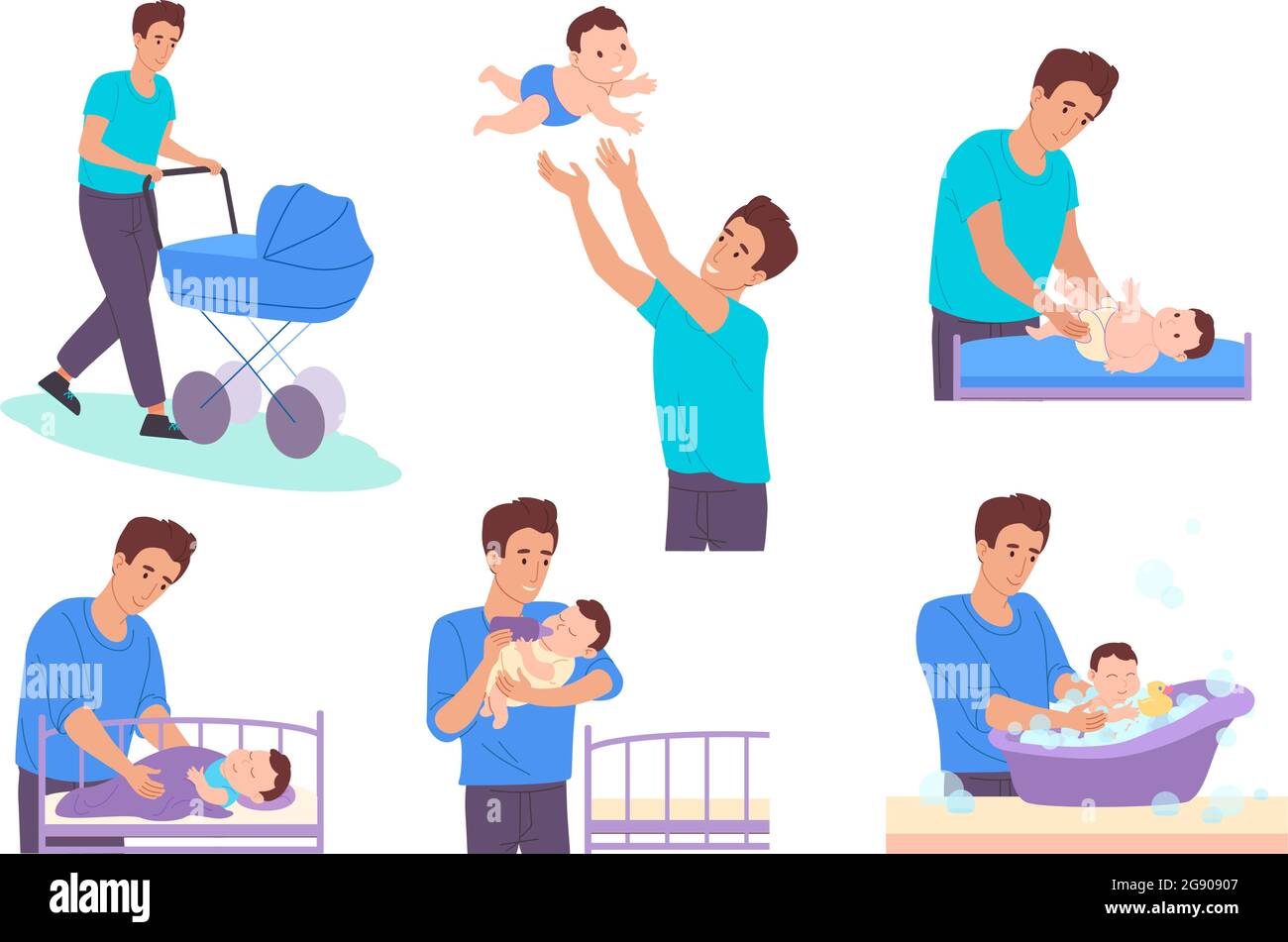 Papa en congé de maternité. Papa prend soin de son nouveau-né, il marche  avec une poussette, jette le bébé dans l'air, change la couche, baigne dans  le bain, l'alimente de la bouteille