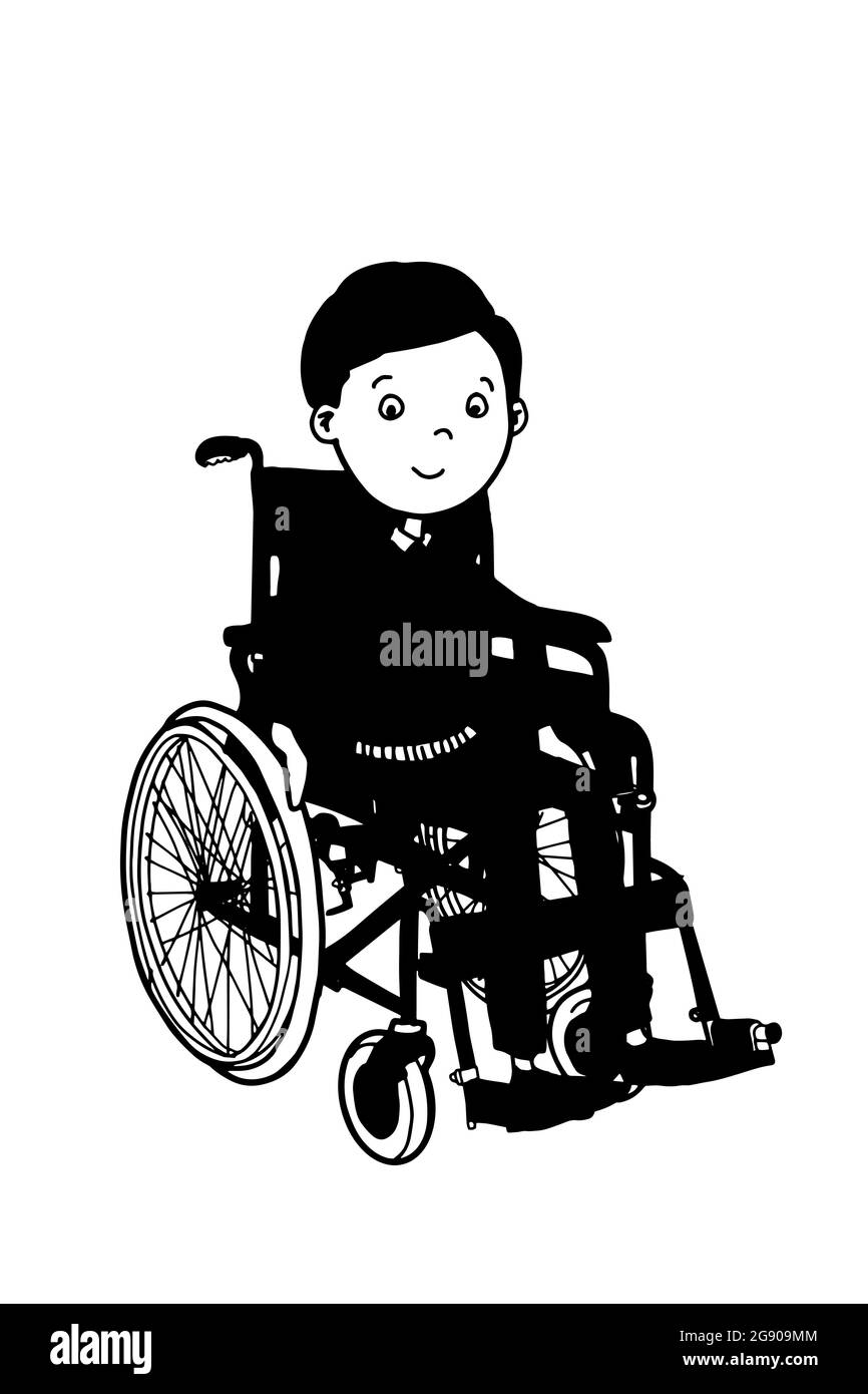 Dessin d'illustration de fauteuil roulant et sur assis de jolis personnages de dessin animé garçon et des couleurs noires. Banque D'Images
