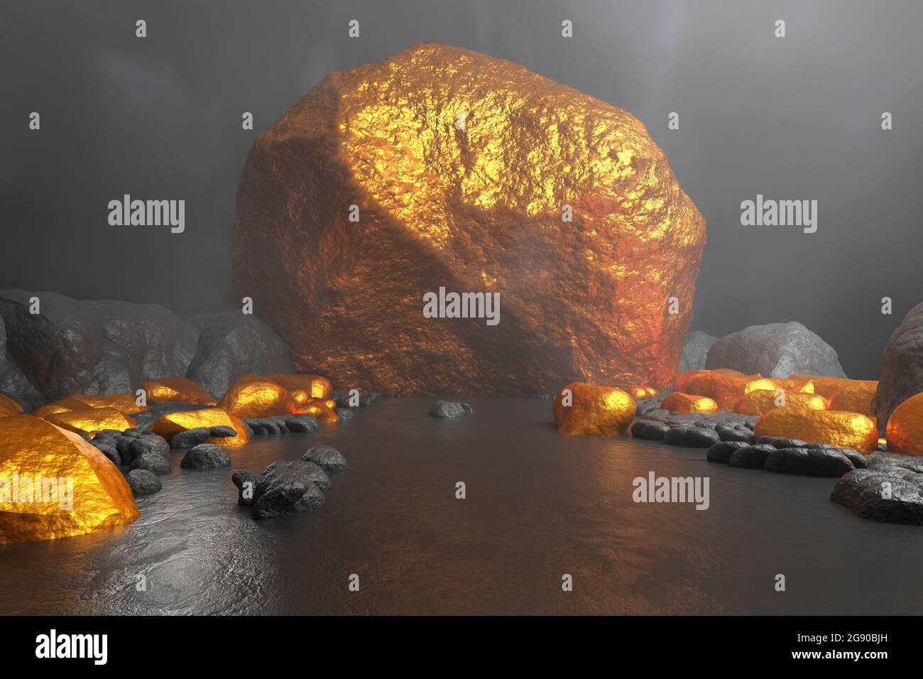 Rendu tridimensionnel du nugget d'or géant à l'intérieur de la mine d'or Banque D'Images