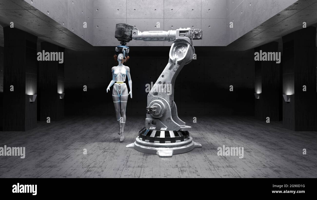 Rendu tridimensionnel du gynoïde maintenu par un bras robotique à l'intérieur de l'usine industrielle Banque D'Images Rendu tridimensionnel du gynoïde maintenu par un bras robotique à l'intérieur de l'usine industrielle Banque D'Images