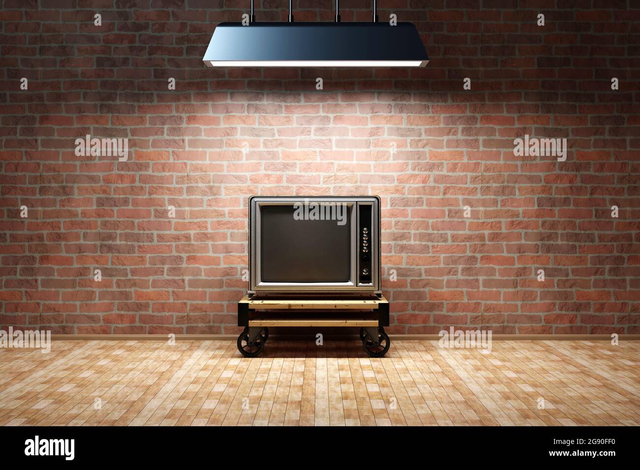 Rendu tridimensionnel d'un téléviseur à l'ancienne dans une pièce vide avec un mur de briques Banque D'Images