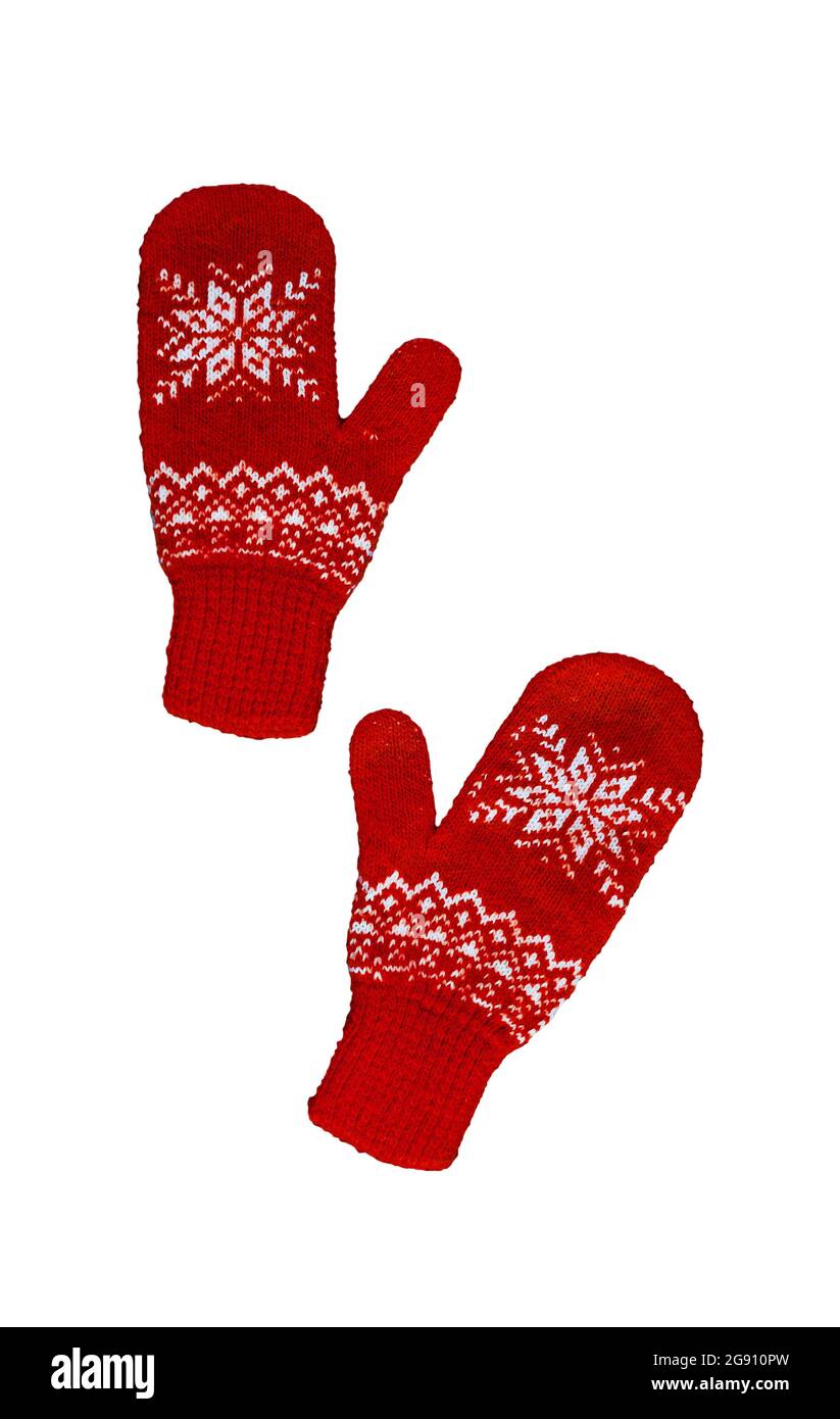 paire de moufles rouges tricotées avec motif de noël isolé sur fond blanc.  Collage de différentes mitaines Photo Stock - Alamy