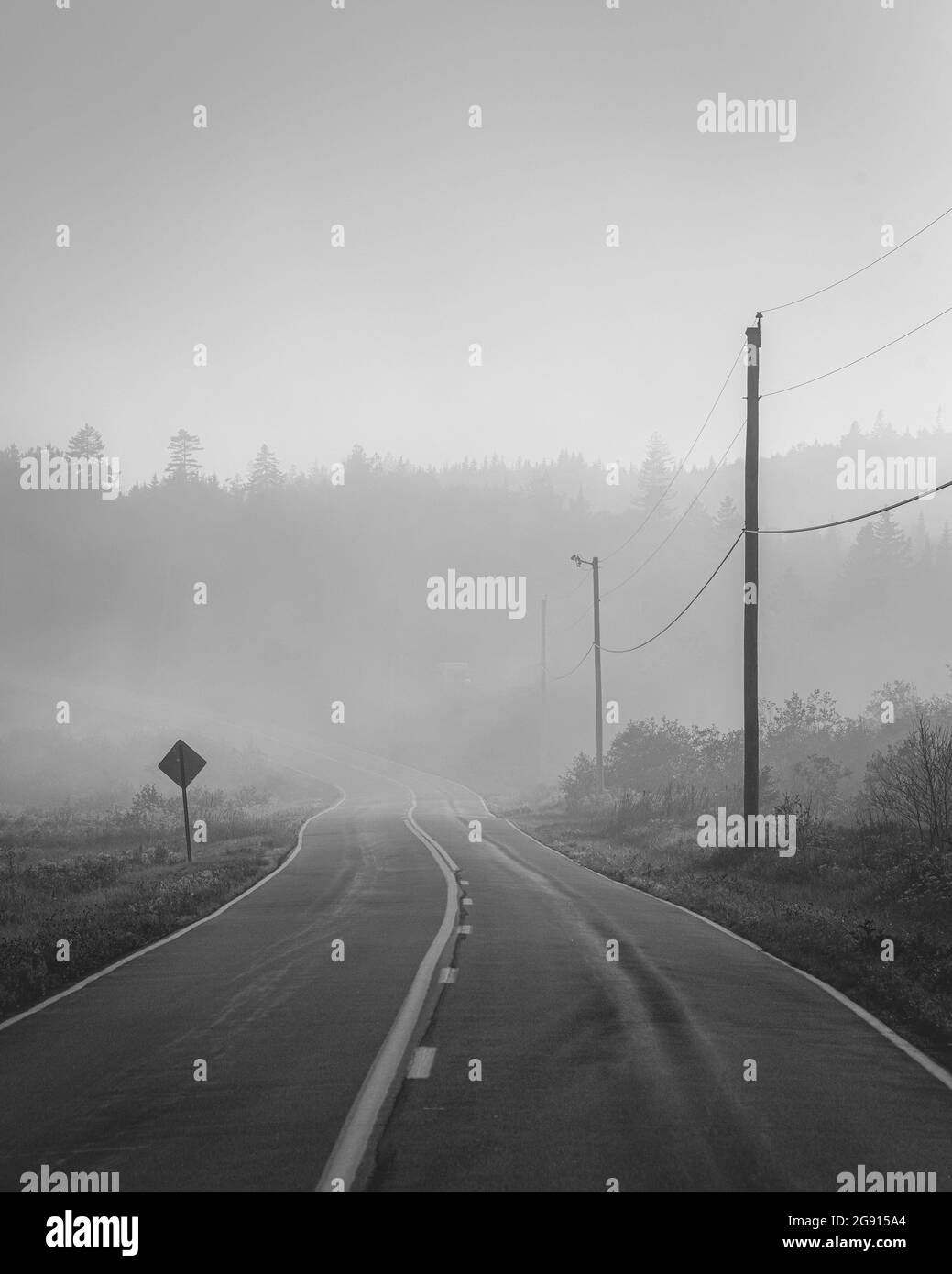 Brouillard sur une route à Lubec, Maine Banque D'Images