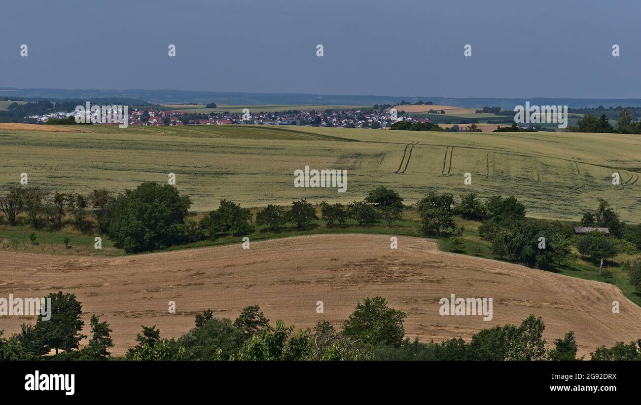 Paysage rural avec champs agricoles, arbres et village Auenstein à l'horizon à Baden-Württemberg, Allemagne en saison d'été par beau temps. Banque D'Images