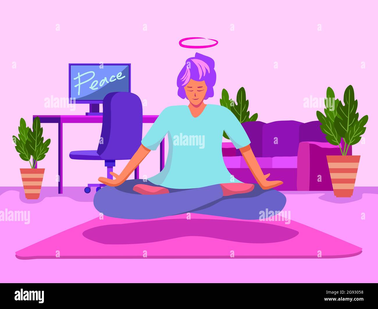 Les femmes méditent pour se détendre du travail à la maison, image d'illustration. Banque D'Images
