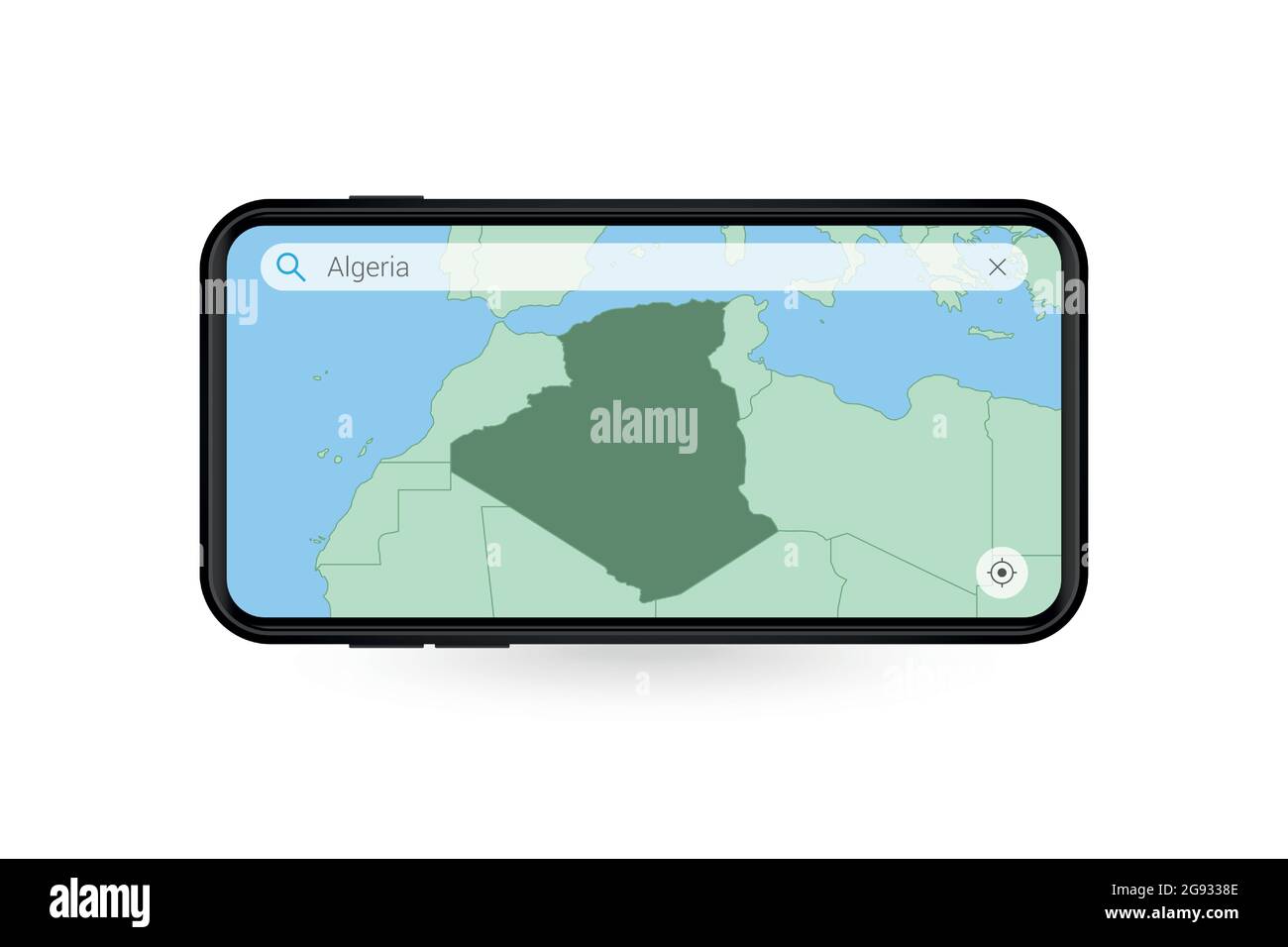 Recherche de carte d'Algérie dans l'application de carte de smartphone. Carte de l'Algérie dans téléphone portable. Illustration vectorielle. Illustration de Vecteur