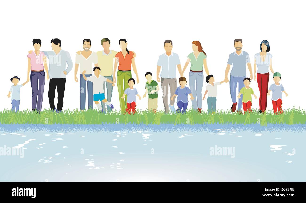 Familles, parents et enfants, groupes de personnes au bord de l'eau Illustration de Vecteur