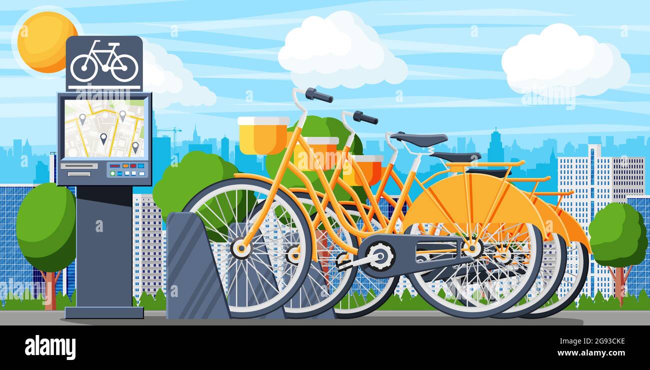 Le système de partage de vélos urbains et le paysage urbain Illustration de Vecteur