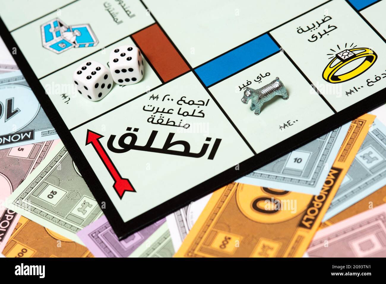 Gros plan sur le conseil d'administration du monopole de Dubaï. Banque D'Images