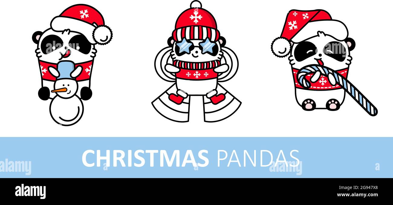 Ensemble de panda kawaii santa autocollants. Joli vecteur heureux ours en chapeau de noël fait un bonhomme de neige. Objets isolés sur fond blanc. Illustrateur de Noël Illustration de Vecteur