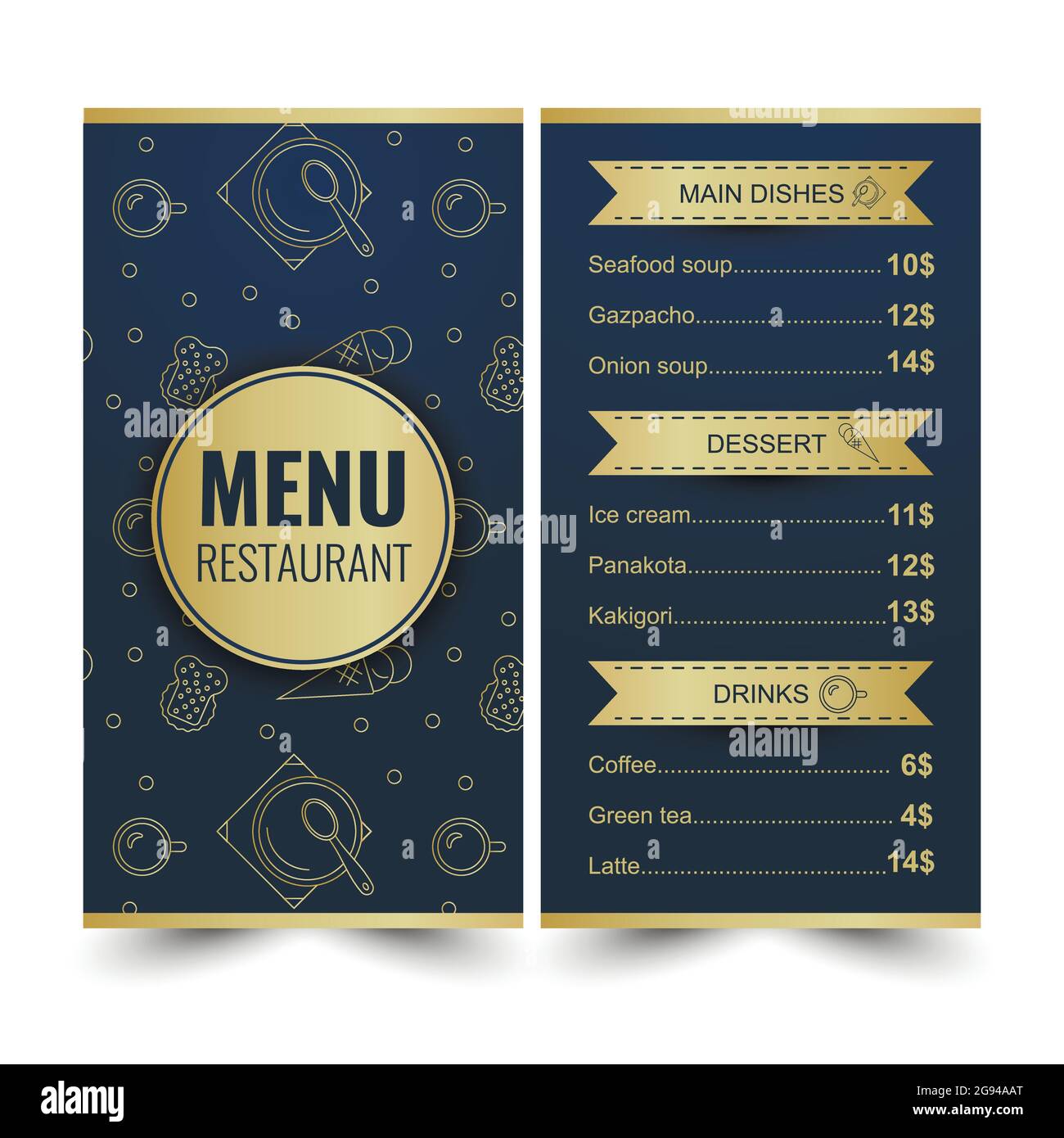Design du menu du restaurant. Motif vectoriel avec icônes et motif de style linéaire. Fond noir doré. Illustration de Vecteur