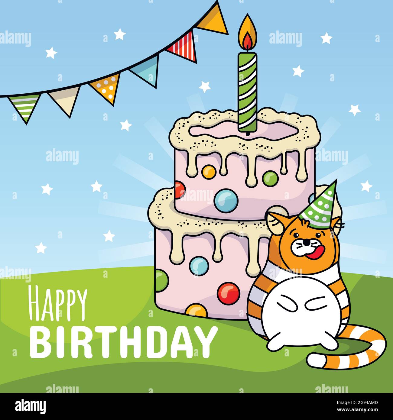 Un grand chat gras rayé kawaii dans un chapeau voit près du gâteau avec une bougie. Carte d'invitation pour joyeux anniversaire. Illustration linéaire vectorielle Illustration de Vecteur