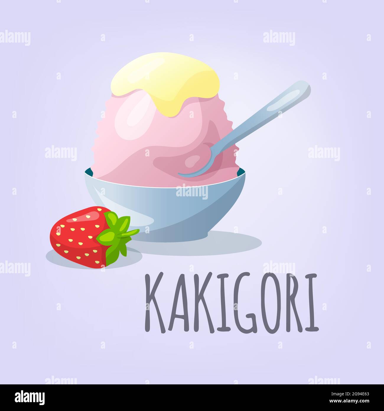 Dessert japonais traditionnel kakigori. Croustilles de glace au sirop de fraise. Illustration vectorielle plate. Carte de vœux avec emplacement pour le texte. Illustration de Vecteur