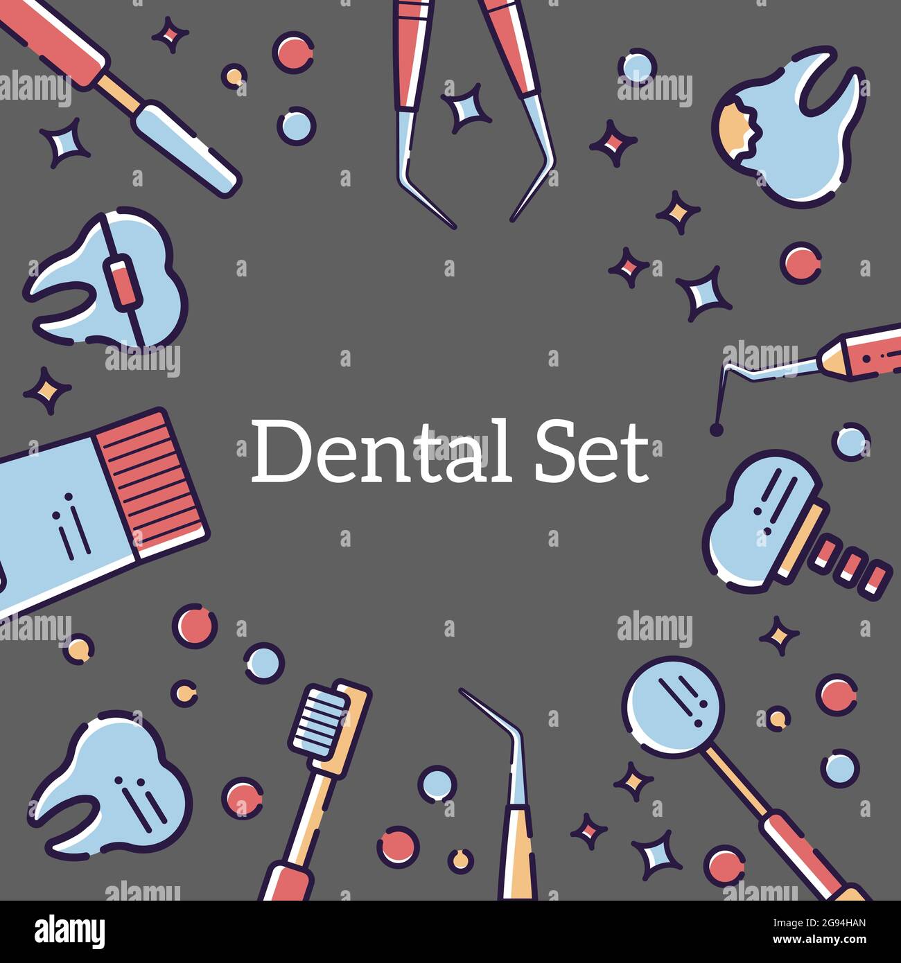 Fond plat vectoriel pour carte d'instruments médicaux de dentiste et de dents. Design linéaire pour une carte dans le style d'une bande dessinée avec espace pour le texte Illustration de Vecteur