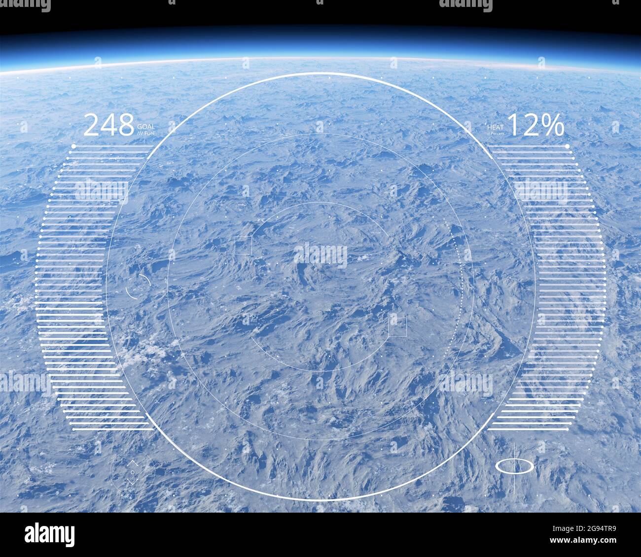 Outils de mesure et de contrôle de l'atmosphère. Transfert de données. Trou d'ozone. Suivi satellite. Vue sur l'atmosphère, les montagnes et les nuages, carte terrestre Banque D'Images