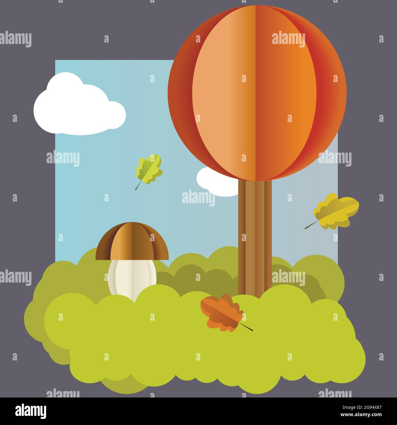 Vecteur automne paysage, arbre, feuilles de champignons. Illustration de Vecteur