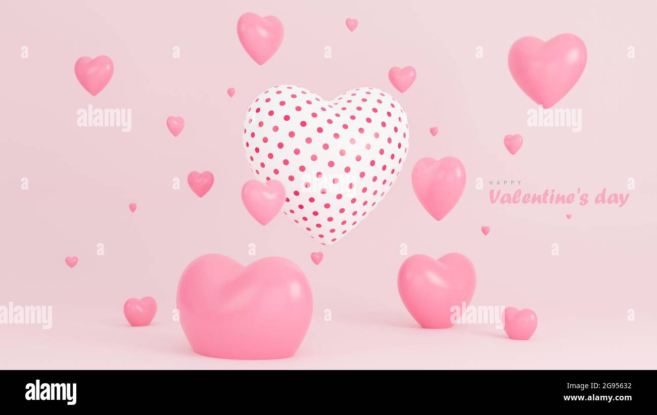 Bonne Saint Valentin bannière avec de nombreux cœurs objets 3d sur fond rose., modèle 3d et illustration. Banque D'Images