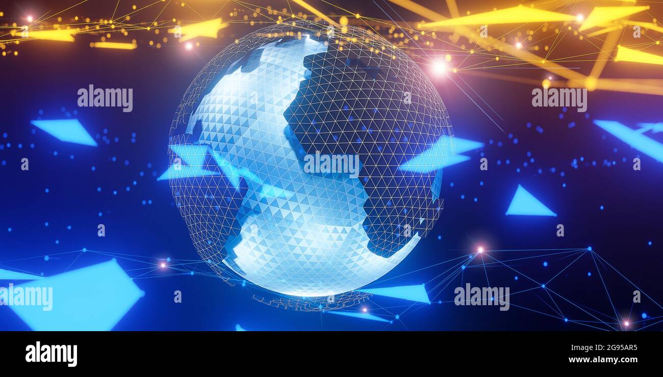 Globe 3D polygonal avec connexions globales par ligne.,réseau social global.,modèle 3D et illustration. Banque D'Images