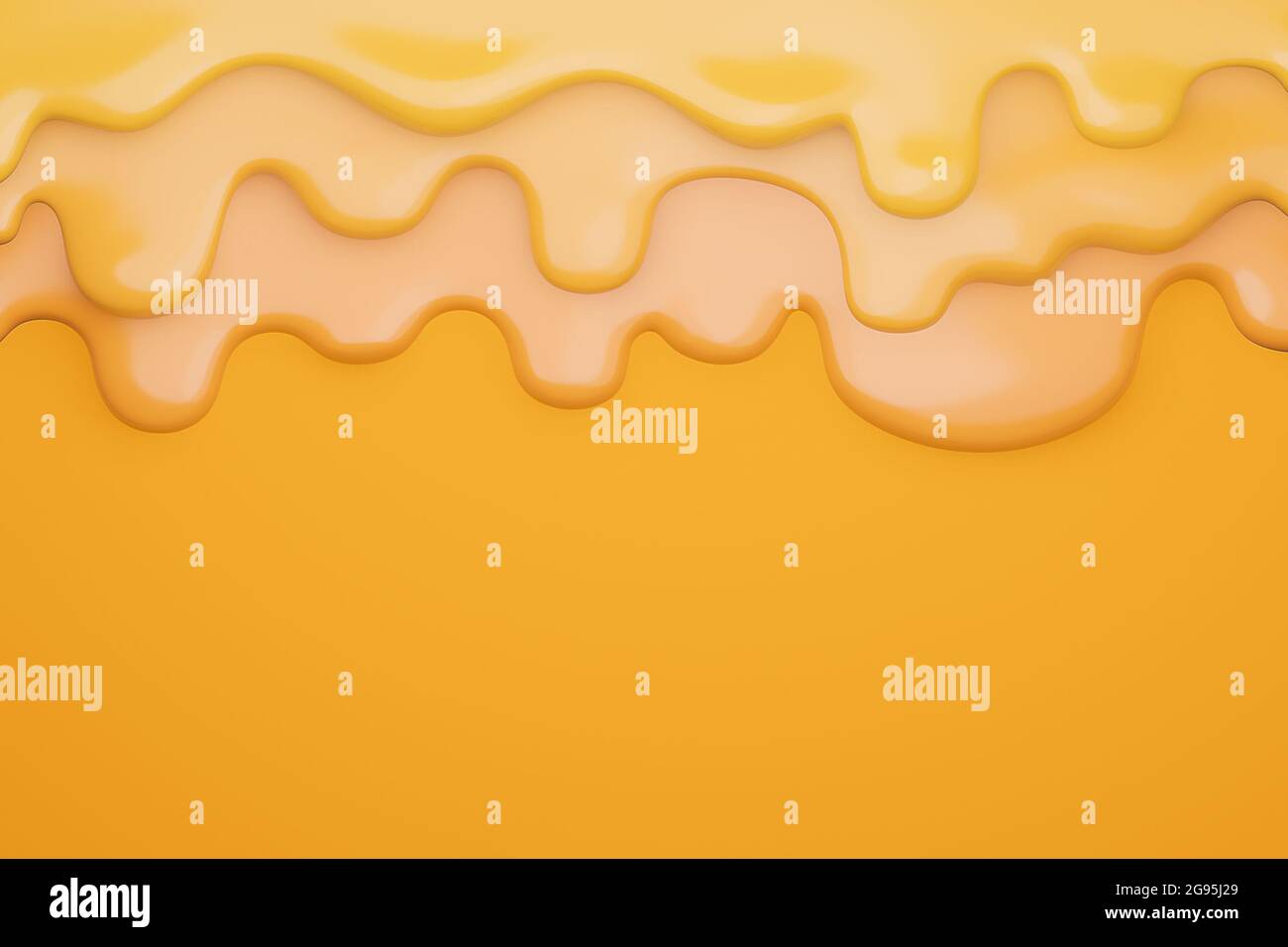 Gouttes de fromage crémeux liquide., fromage fondu sur fond jaune., modèle 3d et illustration. Banque D'Images