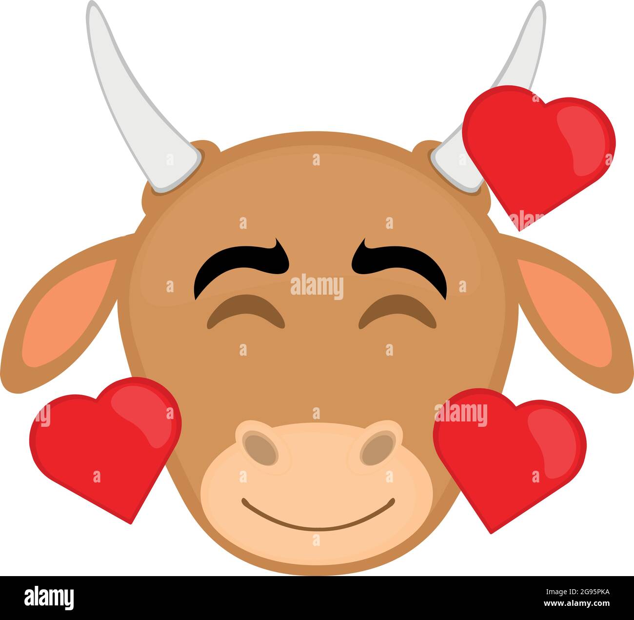 Vecteur émoticône illustration dessin animé de la tête de vache avec une expression de joie, dans l'amour entouré de coeurs Illustration de Vecteur