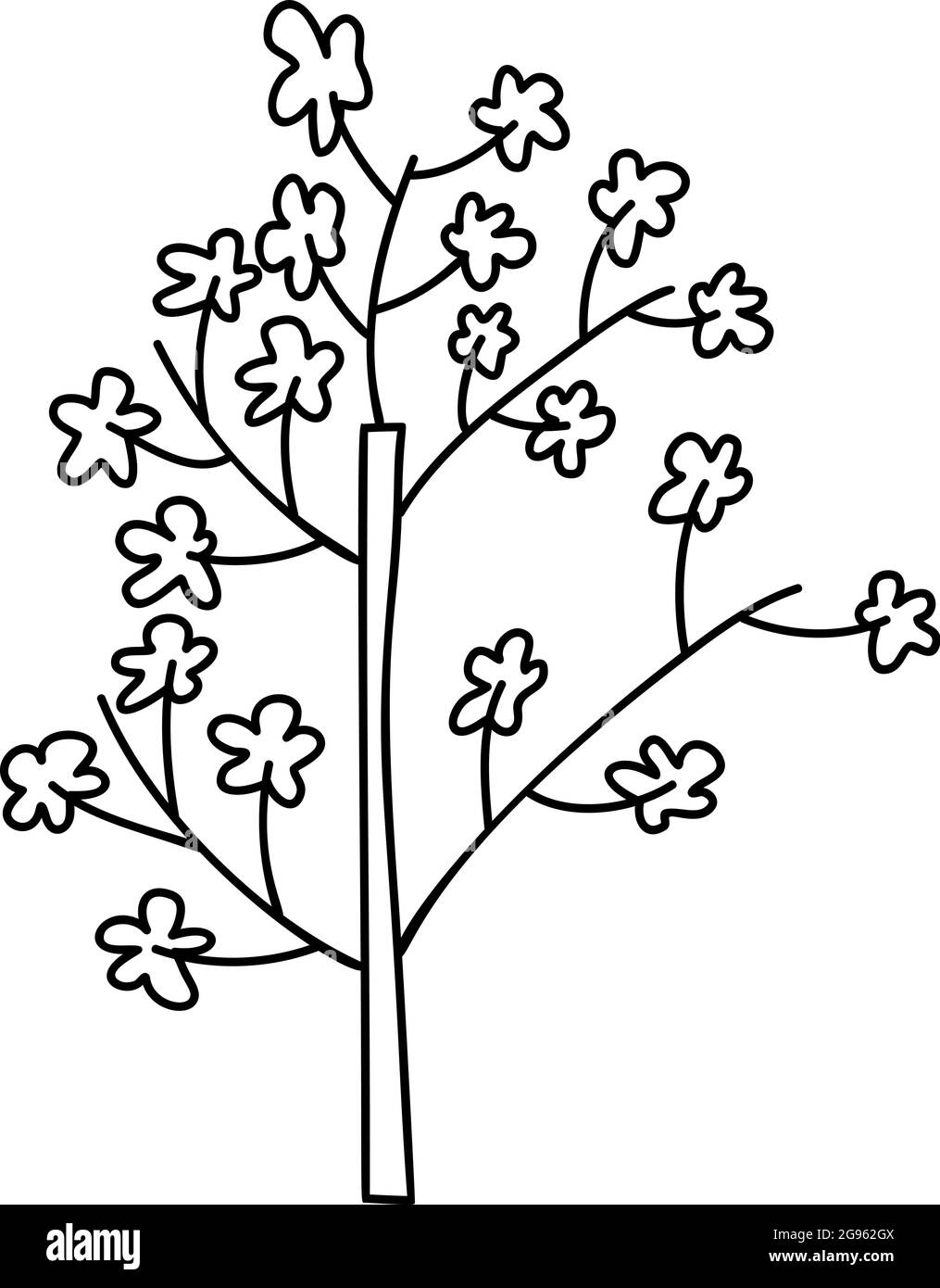 Branche de cerisier dessinée à la main avec fleurs, style Doodle noir et blanc. Silhouette de plante Sakura sur fond blanc Illustration de Vecteur