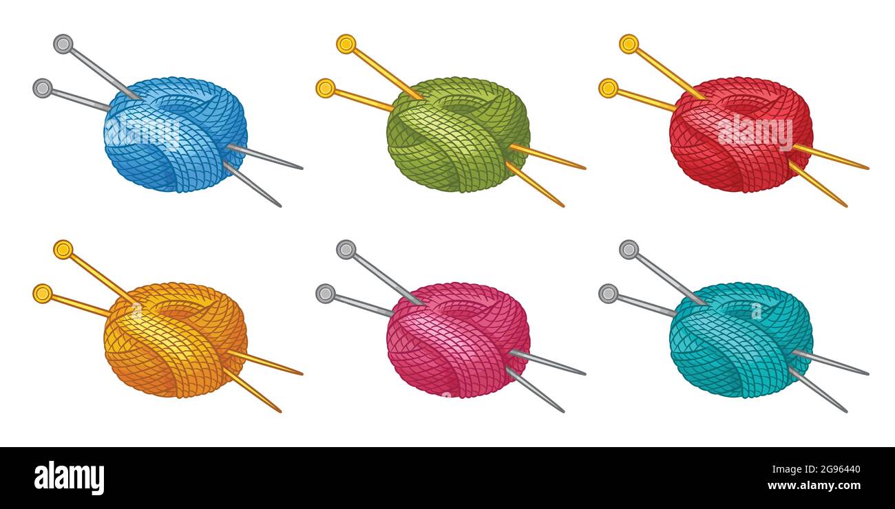 Pelote colorée de fil ou de fil avec aiguilles à tricoter Icon Set. Filament en laine de bille pour tricoté. Outil en tricot fait main. CLEW pour les loisirs d'artisanat. Vecteur Illustration de Vecteur