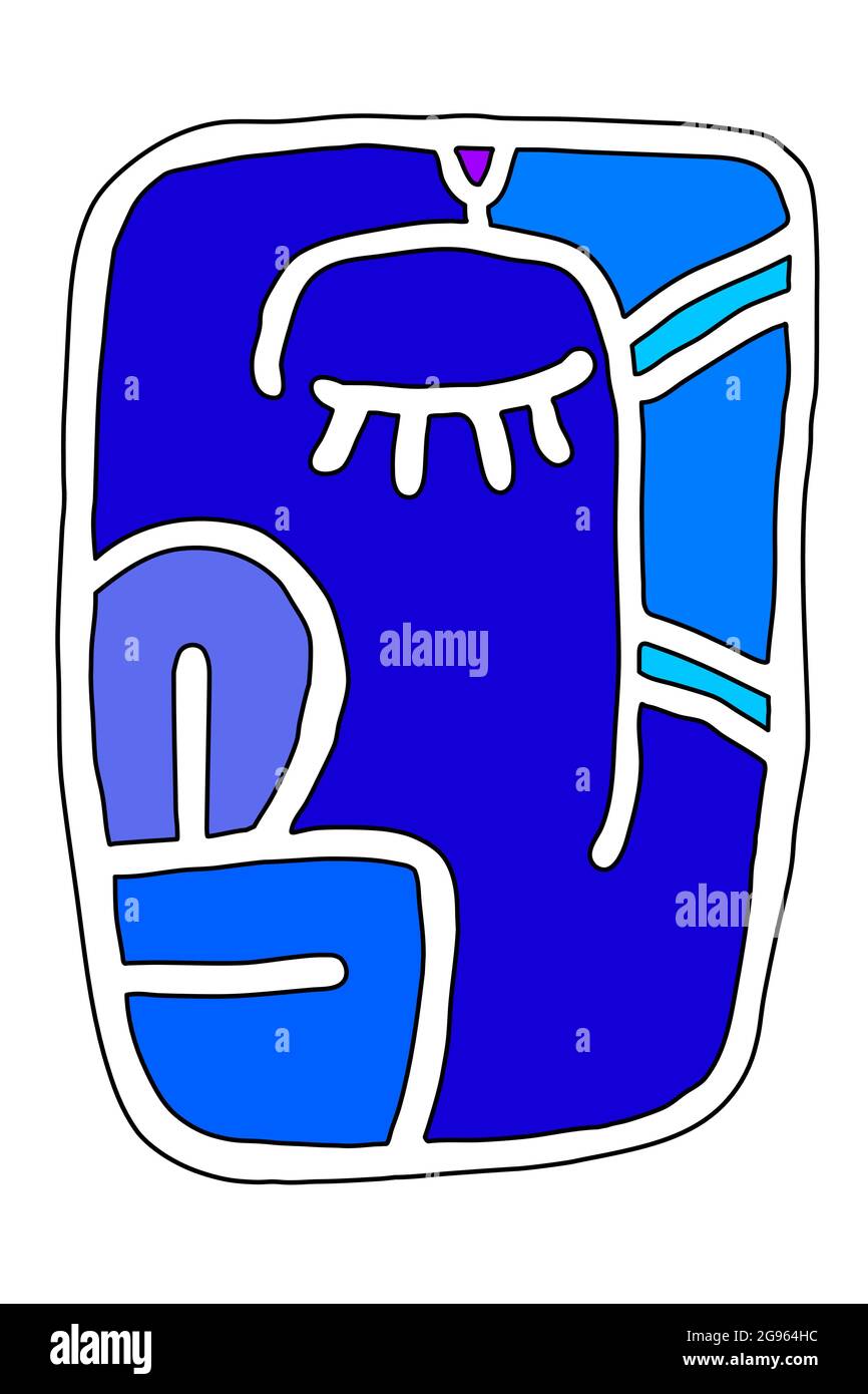 Icône de personnage, inspirée par un glyphe maya. Tête bleue endormie, expression sereine Illustration de Vecteur