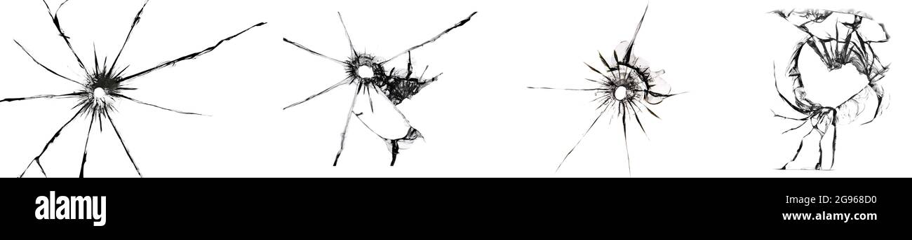 Jeu de fissures et de éclats de verre cassé sur fond blanc. Abstraction de collage avec texture de fenêtre fissurée Banque D'Images