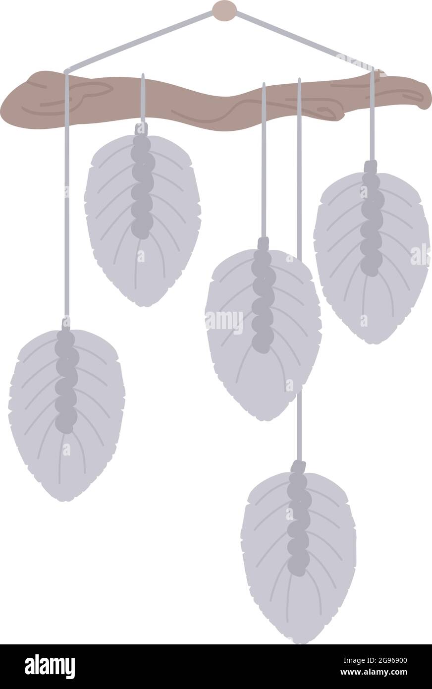 Décoration Macrame avec feuilles. Panneau de cordon, fixation murale. Décoration intérieure élégante à faire soi-même. Osier fait main scandinave moderne. Isolé sur fond blanc. Illustration vectorielle Illustration de Vecteur