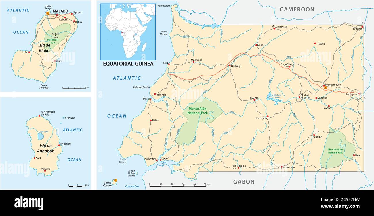 carte des routes vectorielles et du parc national de la guinée équatoriale Illustration de Vecteur