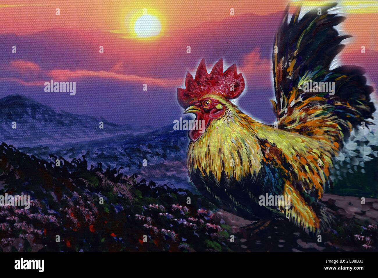 Dessin à la main moderne , peinture d'art couleur de l'huile poule mignon , lever du soleil , bantam Banque D'Images
